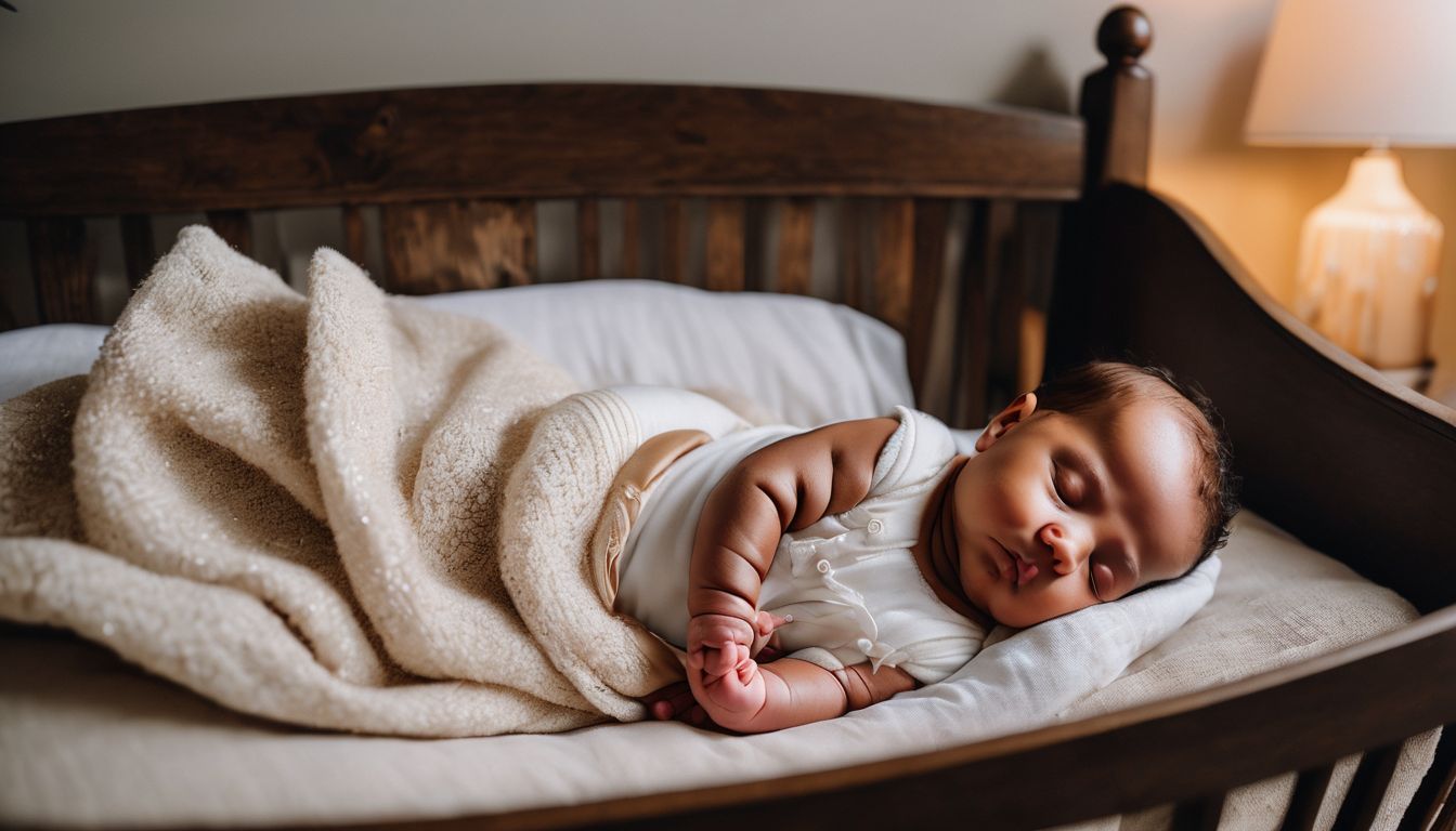 A peaceful newborn sleeping in a bassinet next to a parent's bed.
