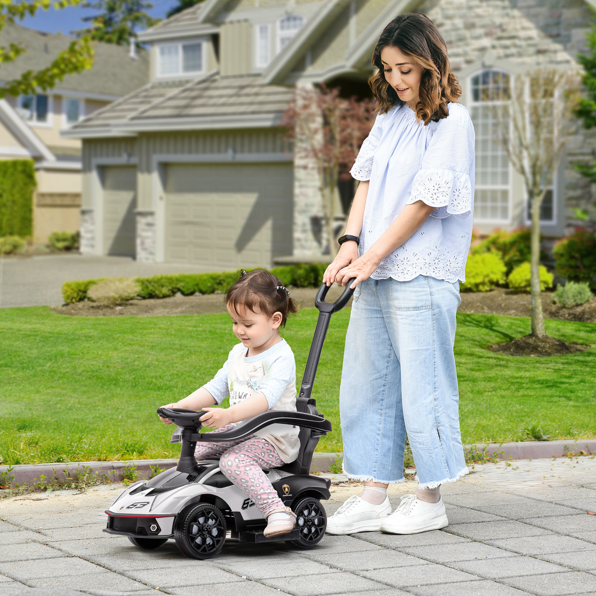 HOMCOM AIYAPLAY Licensed 2 in 1 Baby Ride on Push Car Toddler Push Along Car with Parent Handle Sliding Car with Horn Steering Wheel NO POWER for 1 - 3 Years, White