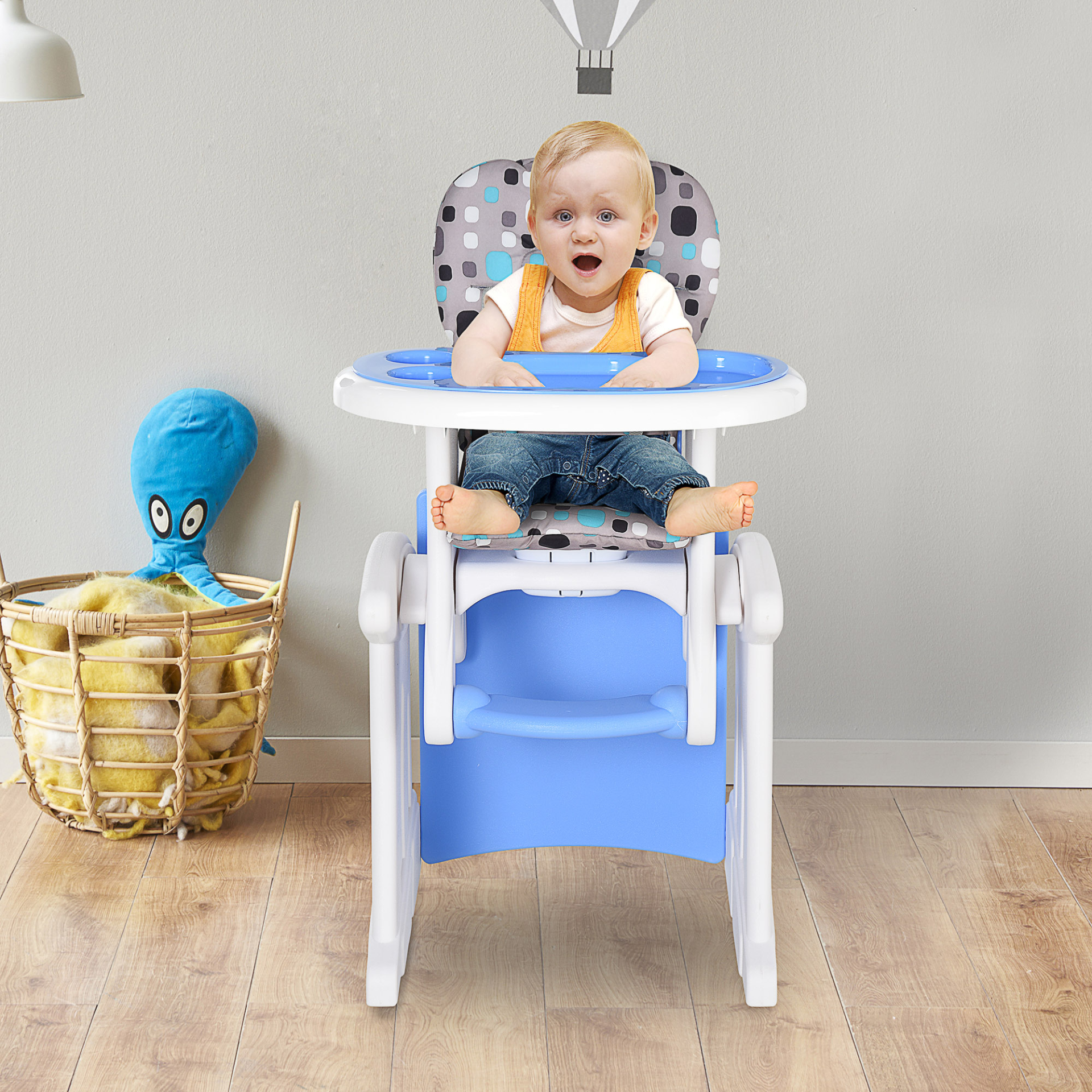 HOMCOM 3 in 1 Convertible Baby High Chair Toddler Table Chair Infant Feeding Seat Removable Food Tray Safety Harness Blue