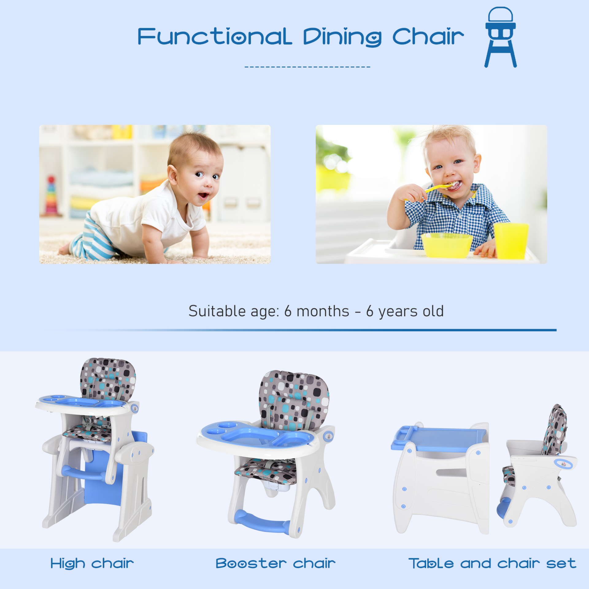 HOMCOM 3 in 1 Convertible Baby High Chair Toddler Table Chair Infant Feeding Seat Removable Food Tray Safety Harness Blue