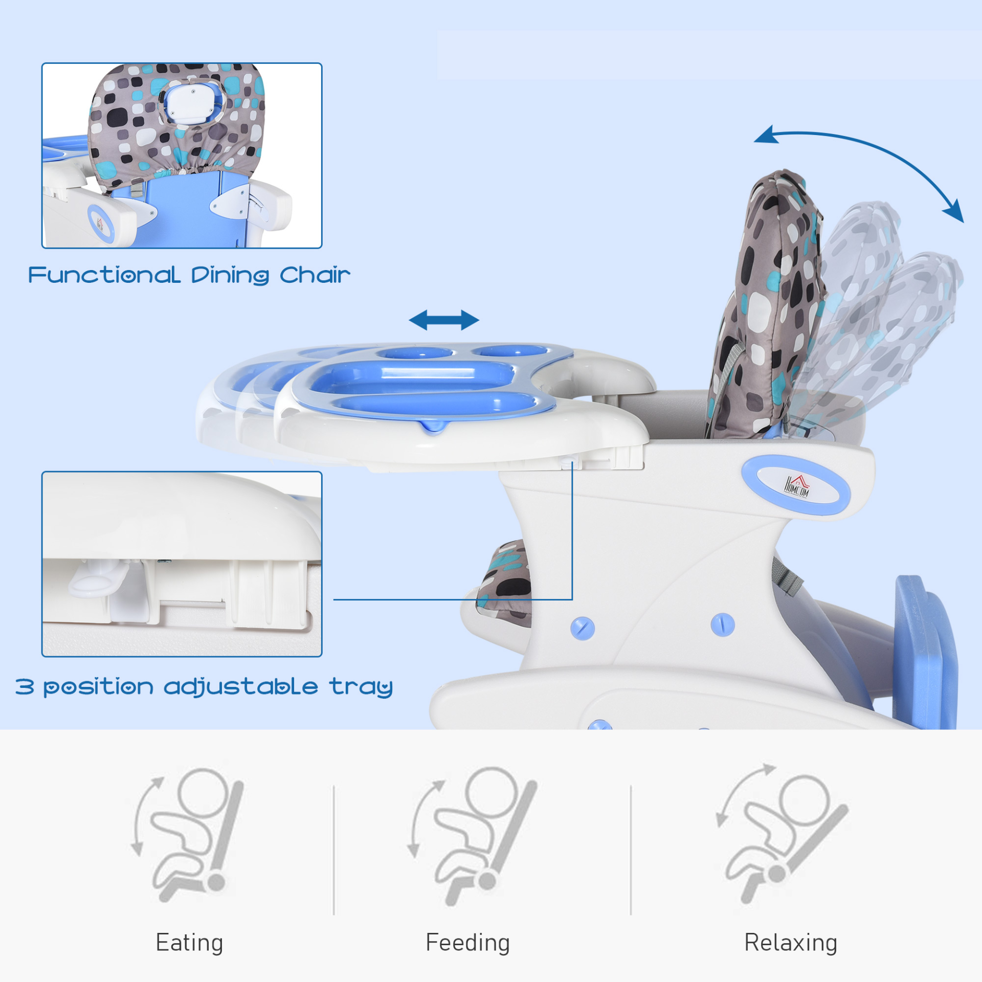 HOMCOM 3 in 1 Convertible Baby High Chair Toddler Table Chair Infant Feeding Seat Removable Food Tray Safety Harness Blue