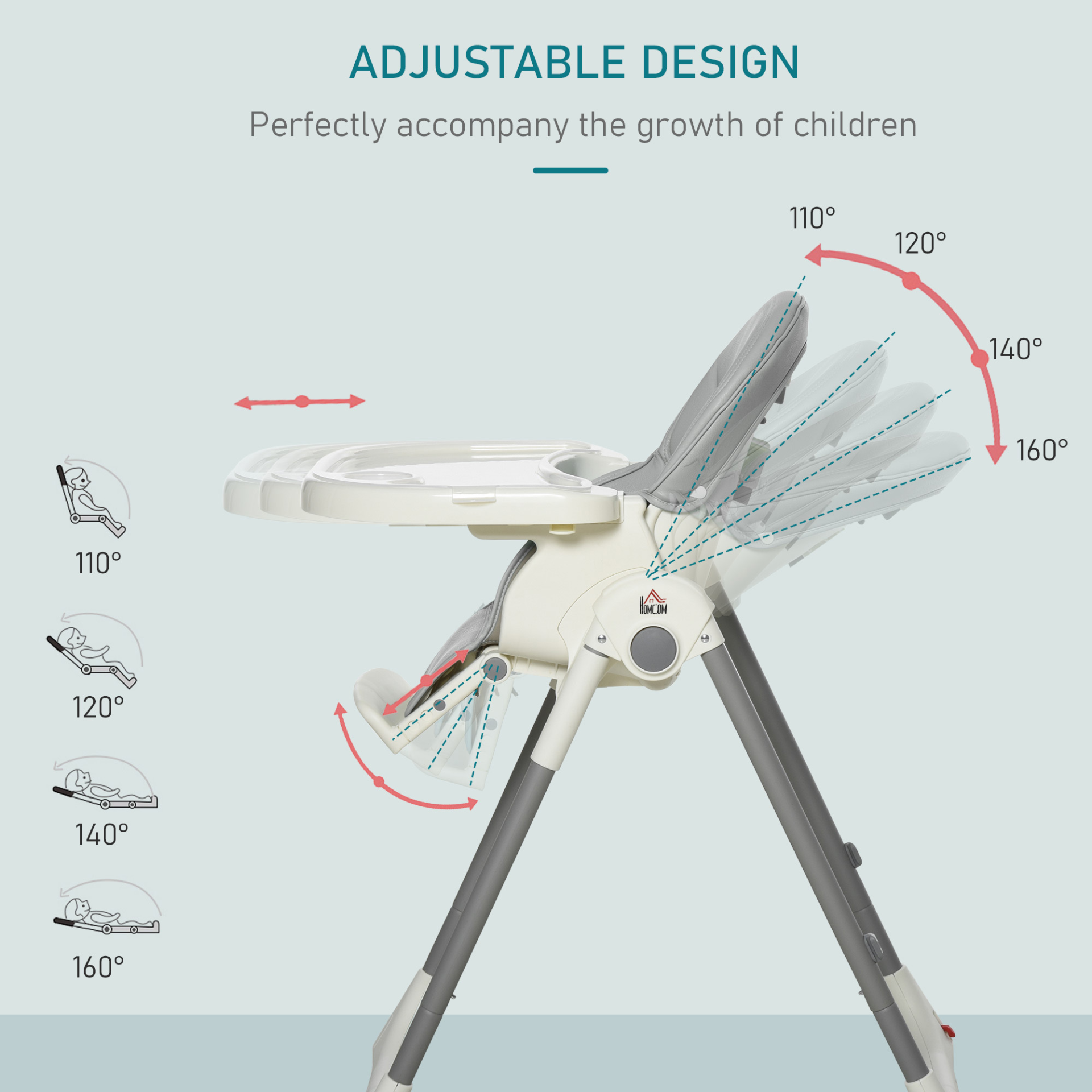 HOMCOM Foldable Baby High Chair Convertible Feeding Chair Height Adjustable with Adjustable Backrest Footrest and Removable Tray 5 Point Safety Harness for Kids 6 - 36 Months Grey