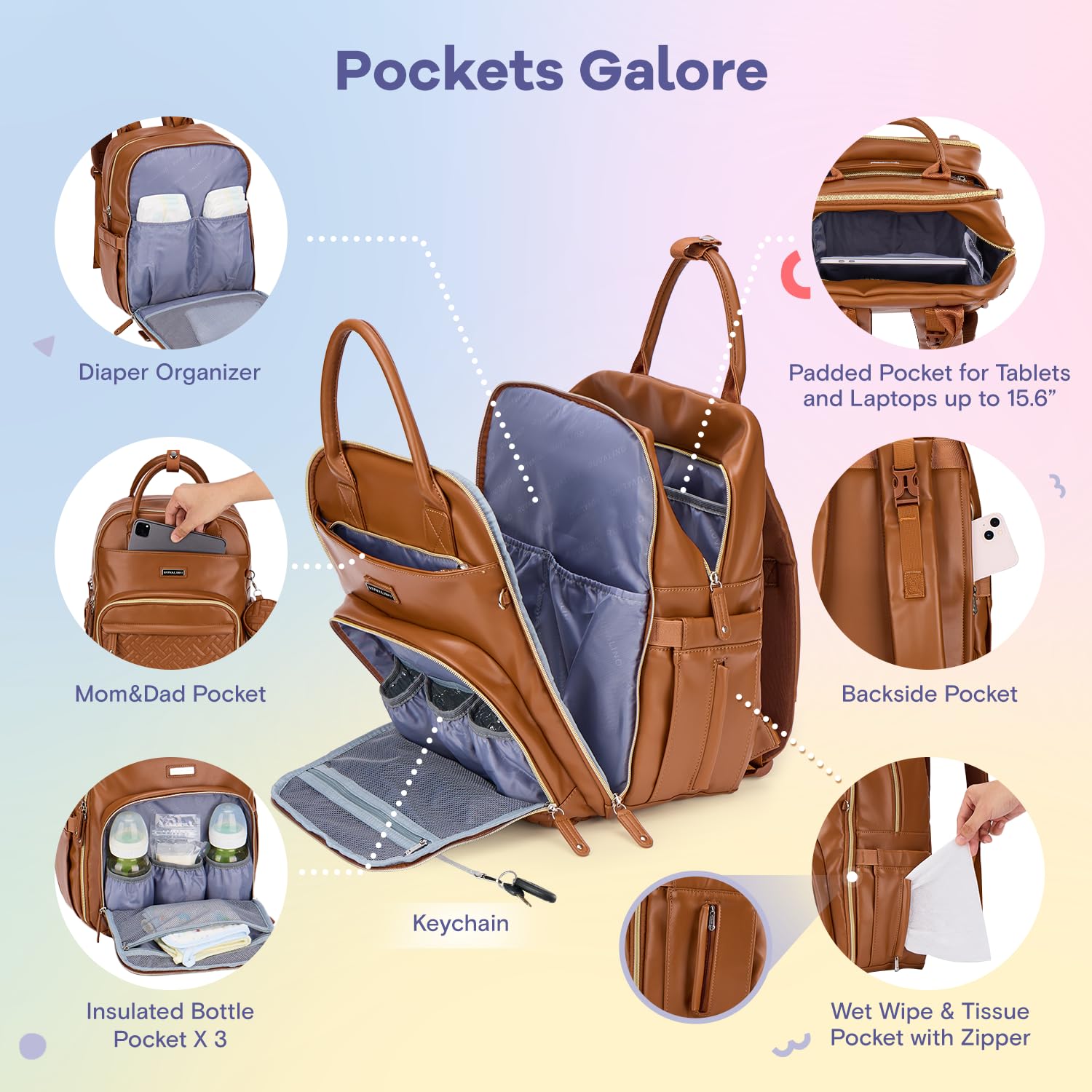 Waterproof Leather Diaper Bag Backpack with a Changing Mat