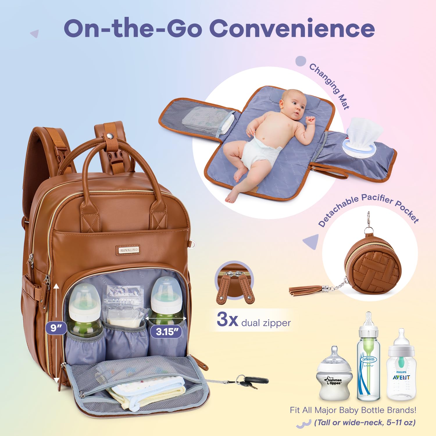 Waterproof Leather Diaper Bag Backpack with a Changing Mat