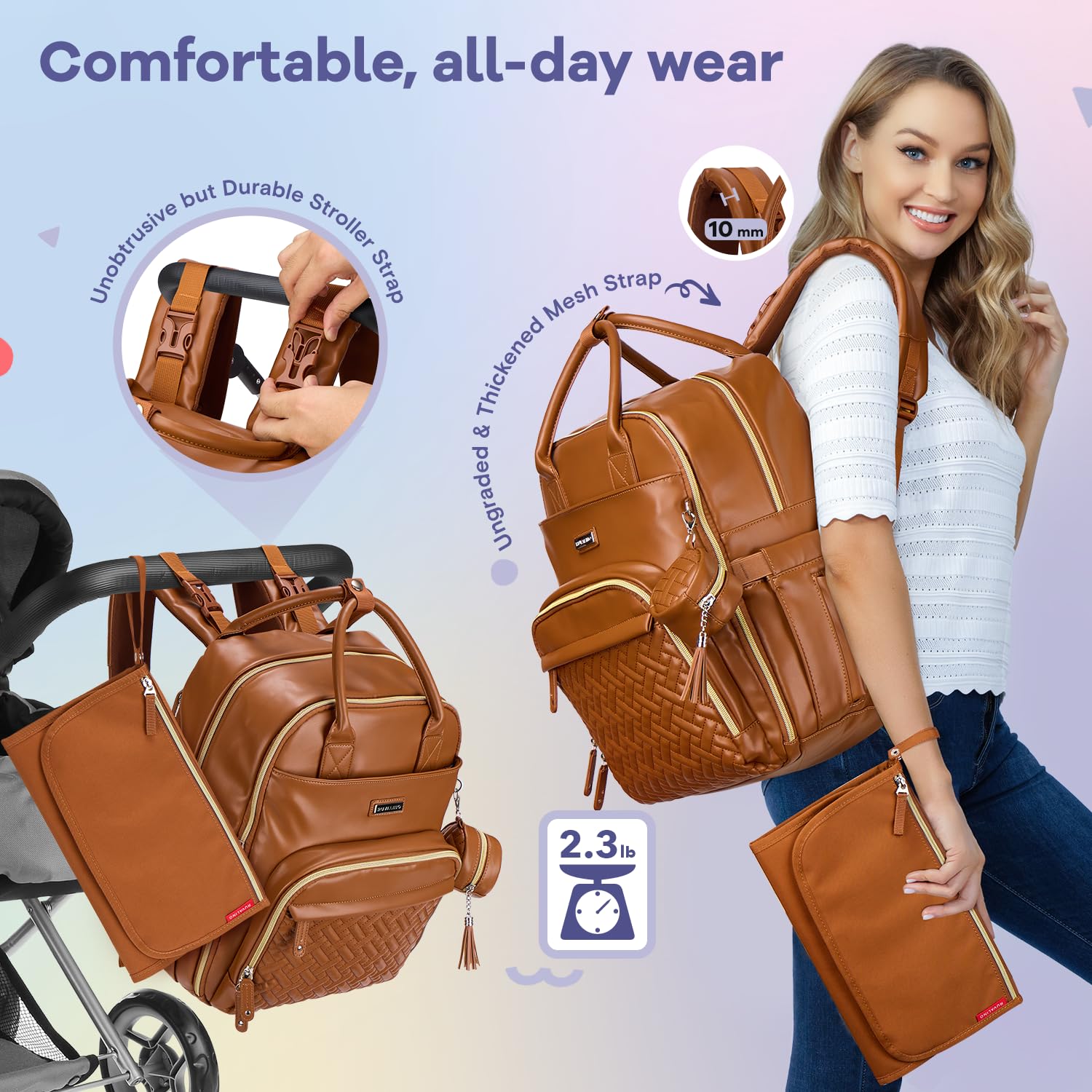 Waterproof Leather Diaper Bag Backpack with a Changing Mat