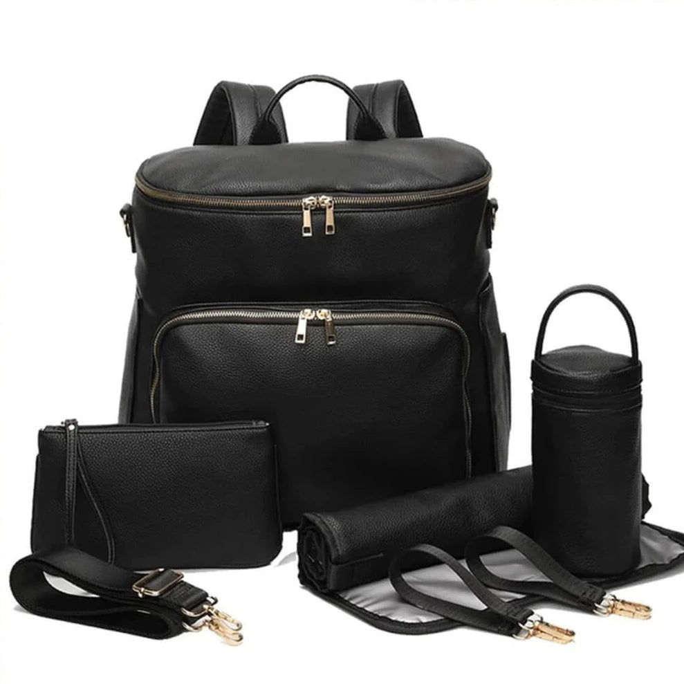 Black Maternity Leather Diaper Backpack