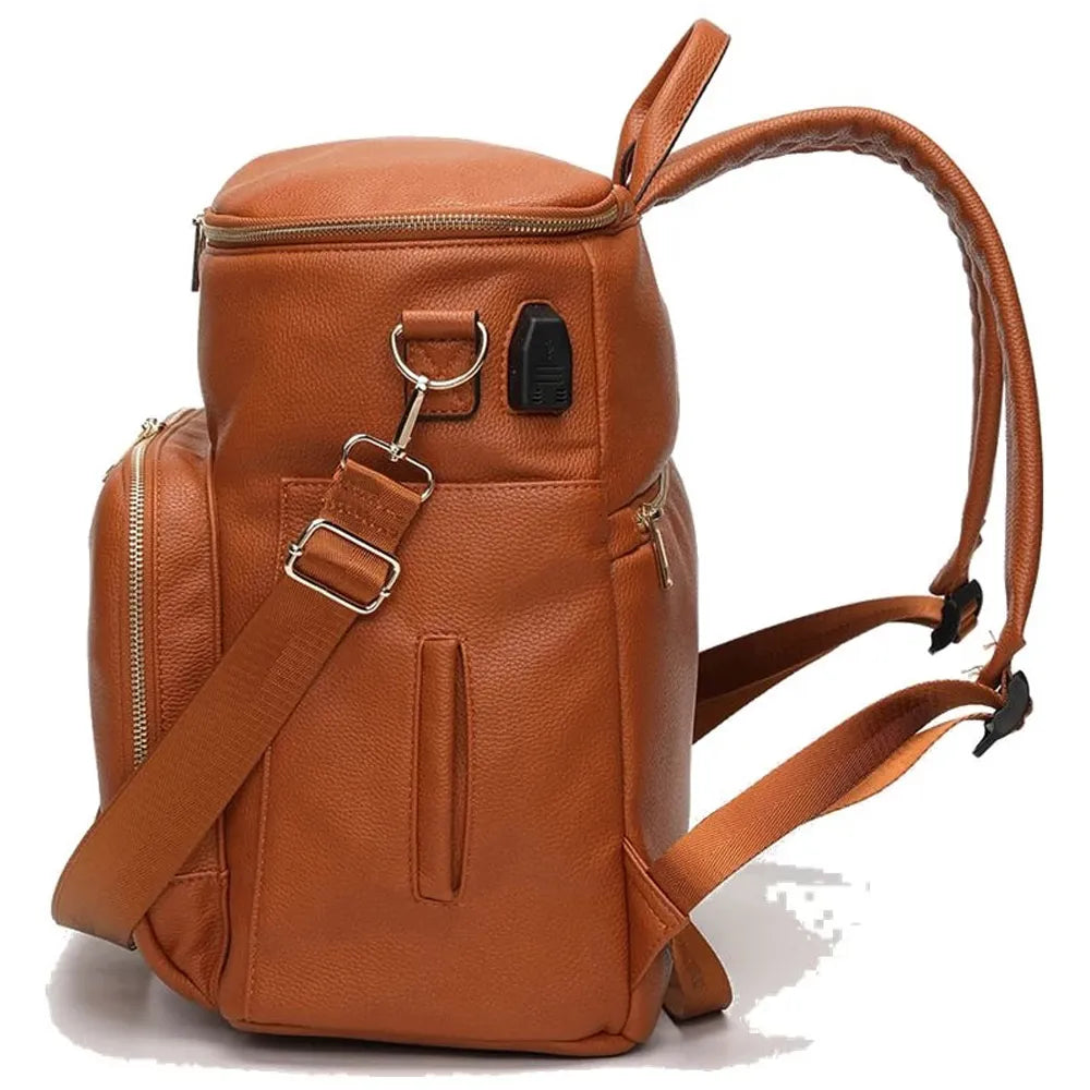 brown Maternity Leather Diaper Backpack