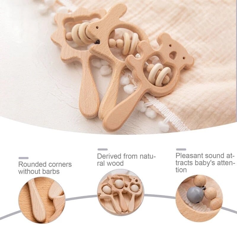 Beech Wood Baby Rattle and Teething Ring - RoniCorn