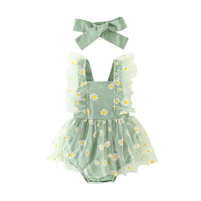 Daisy Print Baby Girl Summer Outfit with Headband - RoniCorn
