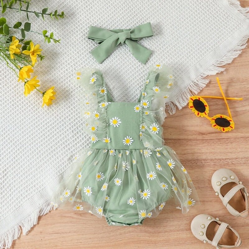 Daisy Print Baby Girl Summer Outfit with Headband - RoniCorn